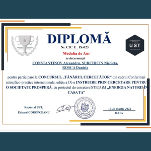 S-a acordat IPLT “Petru Zadnipru” Diplomă de Excelență pentru promovarea calității în educație și Obținerea Medaliei de Aur la concursul TÂNĂRUL CERCETĂTOR